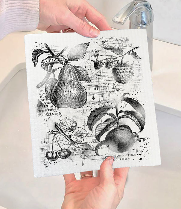 Vintage Shabby Fruits Pears, Cherries Swedish Dishcloth