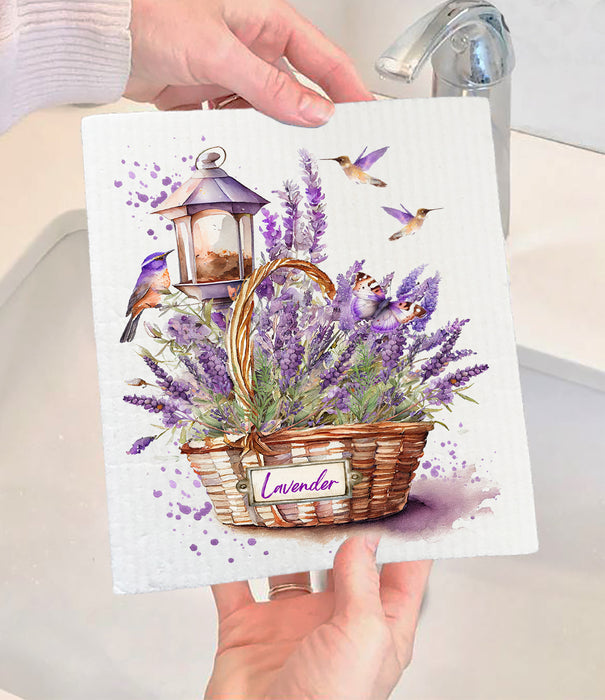 Basket of Lavender Humming Birds Swedish Dishcloth