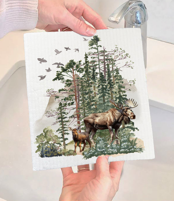 Moose in Forest Swedish Dishcloth