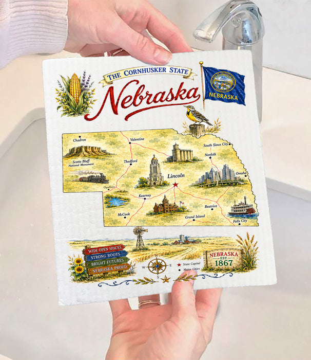 Nebraska State Map Landmark Swedish Dishcloth