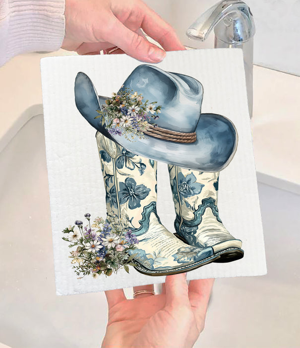 Western Blue & White Cowboy Boots Swedish Dishcloth