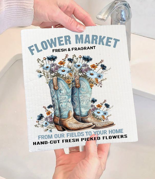 Western Cowboy Boots Flower Market Swedish Dishcloth