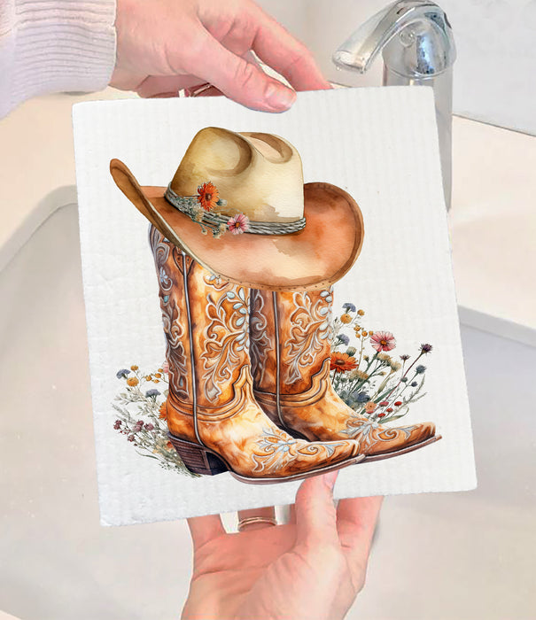 Western Cowboy Boots Country Flowers Swedish Dishcloth