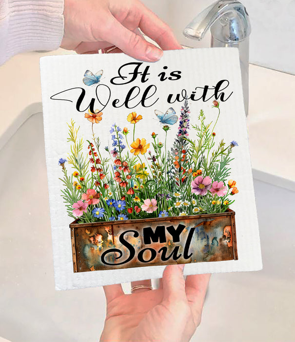 It Is Well with My Soul Flowers Spiritual Swedish Dishcloth