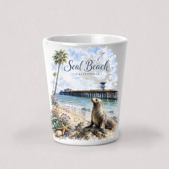 Ocean Scene with Seal "Seal Beach, CA" Shot Glass