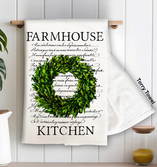 Farmhouse Kitchen Boxwood Wreath Terry Cloth Towel