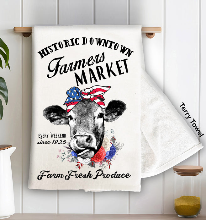 Farmers Market Patriotic Cow Terry Towel