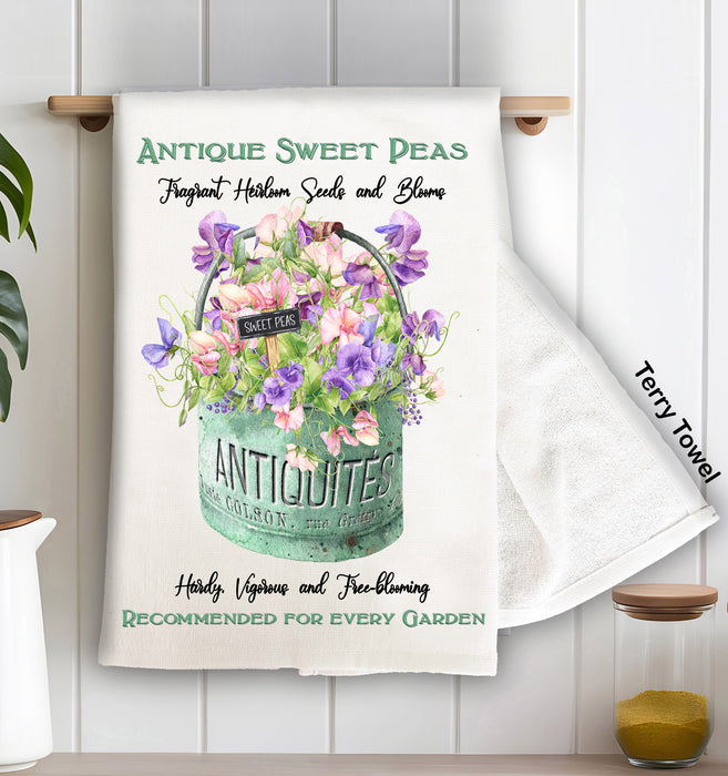 Antique Sweet Peas Flowers Terry Cloth Towel