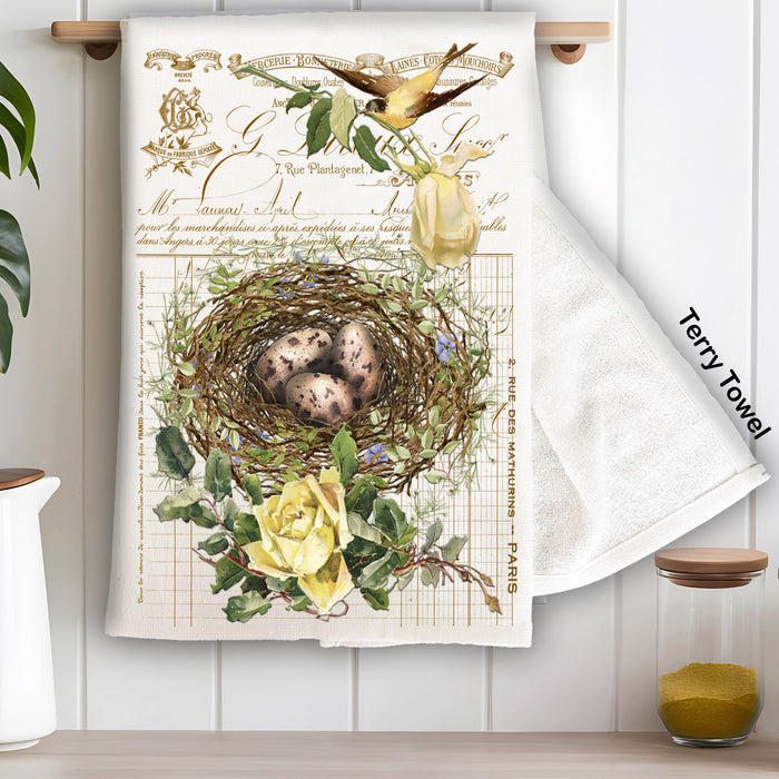 Vintage Shabby Chic Birds Nest Roses Kitchen Terry Towel