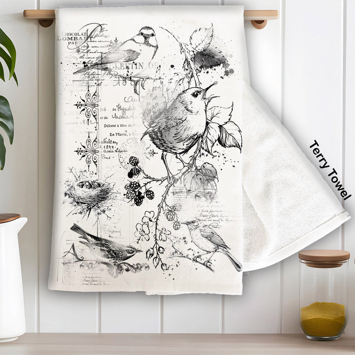 Vintage Shabby Chic Spring Birds Kitchen Terry Towel