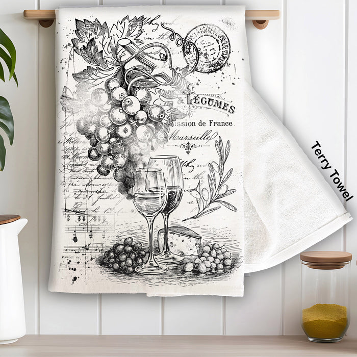 Vintage Shabby Wine and Grapes Kitchen Terry Towel