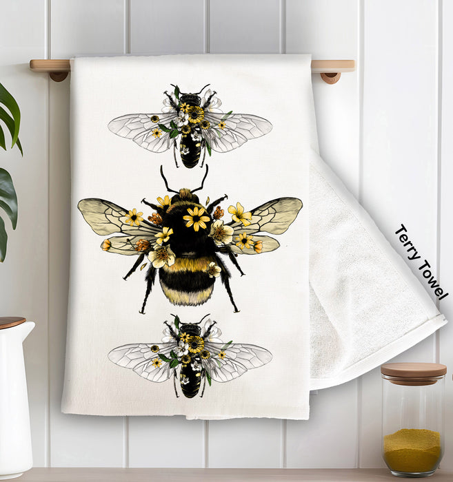 Vintage Bees Flowers Insect Kitchen Cotton Terry Towels