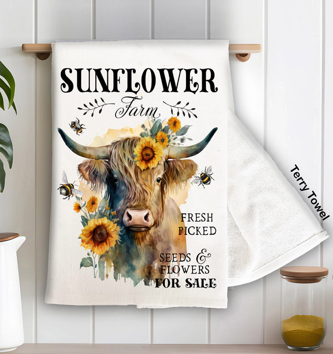 Highland Cow Sunflower Farm Terry Cloth Towel