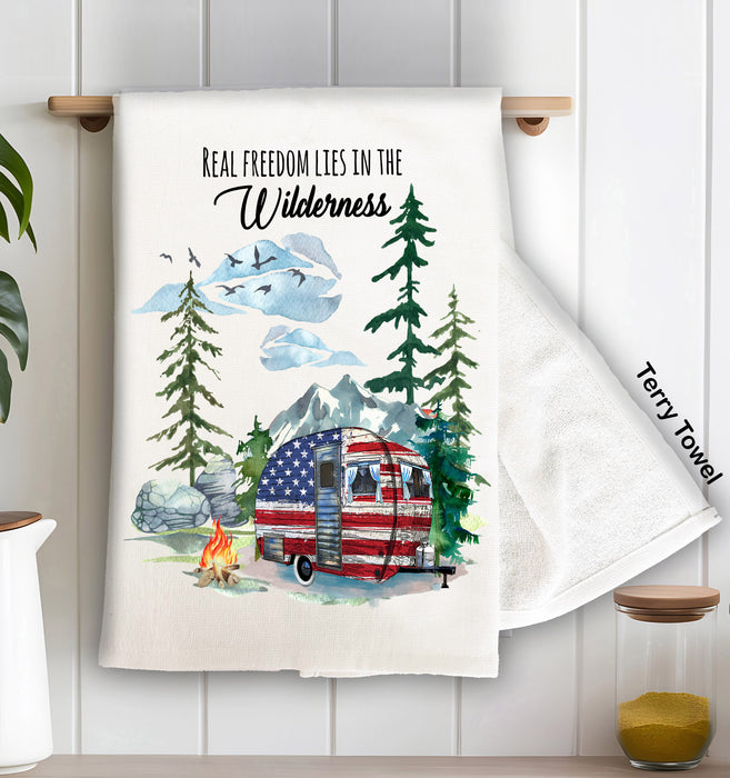 Real Freedom in Wilderness Patriotic Camper Kitchen Terry Towel