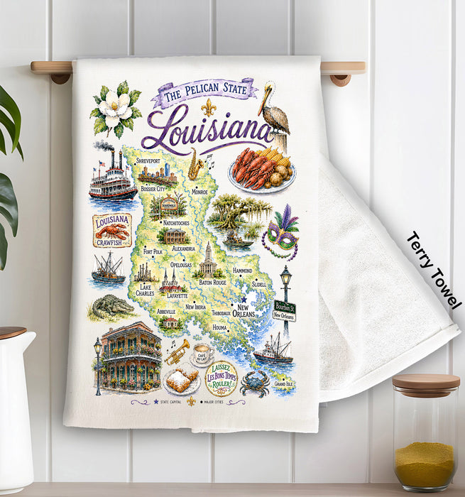 Louisiana State Map Souvenir Kitchen Terry Towel