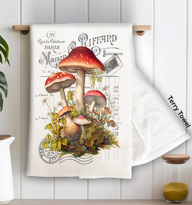 Vintage French Red & White Mushrooms Terry Cloth Towel