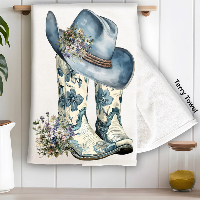 Western Blue & White Cowboy Boots Kitchen Terry Towel