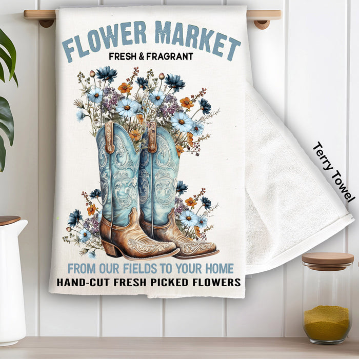 Western Cowboy Boots Flower Market Kitchen Terry Towel