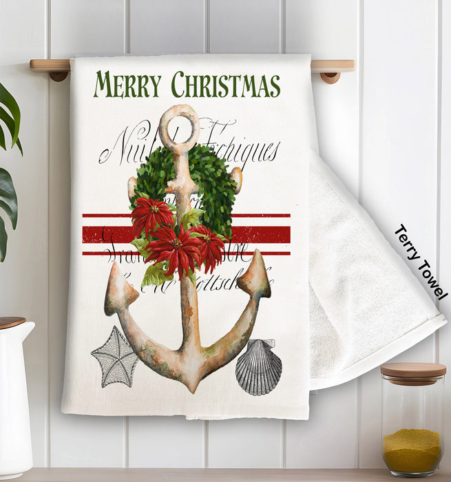 Merry Christmas Anchor Nautical Ocean  Terry Towel