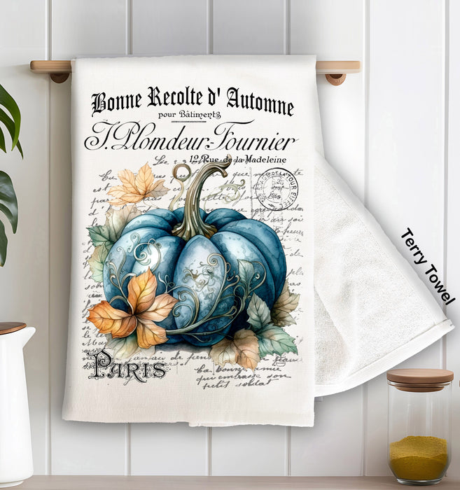 Fall Autumn French Blue Pumpkin Terry Cloth Towel