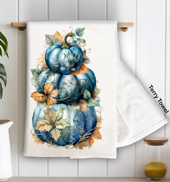 Fall Autumn Stacked Blue Pumpkins Terry Cloth Towel