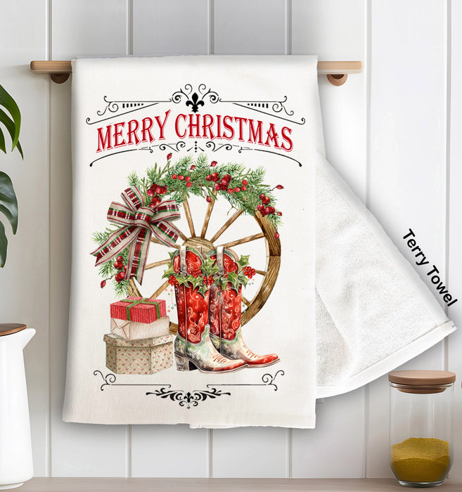 Merry Christmas Red Cowboy Boots Western Terry Cloth Towel