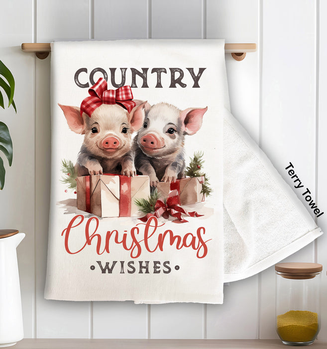 Country Christmas Wishes Piglets Terry Towel