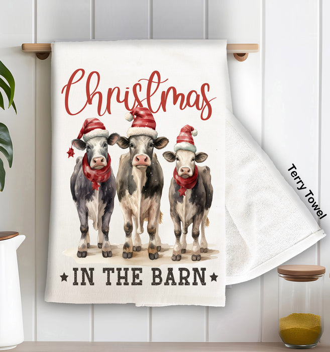 Christmas in the Barn Cows Terry Towel