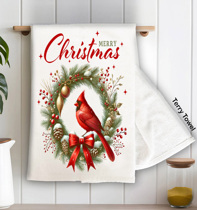 Merry Christmas Wreath Cardinal Bird Kitchen Terry Towel