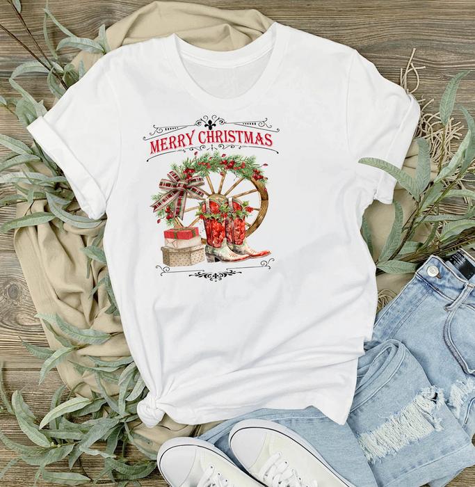 Merry Christmas Red Cowboy Boots Western T-Shirt