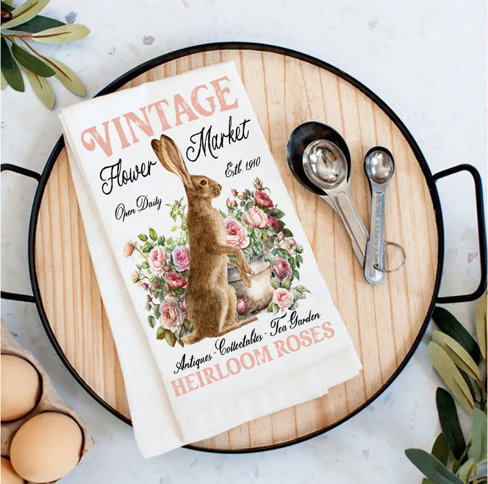 Vintage Easter Bunny Heirloom Roses Tea Towel