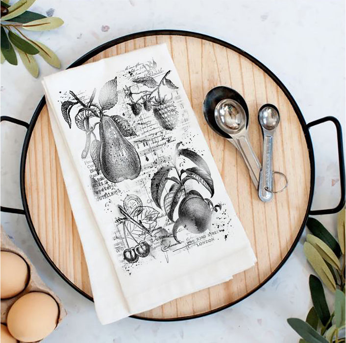 Vintage Shabby Fruits Pears, Cherries Tea Towel