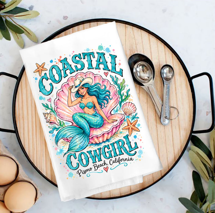 Cowboy Mermaid in Shell "Pismo Beach, CA" Tea Towel