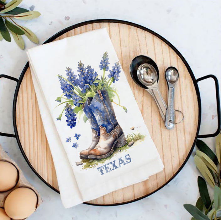 Bluebonnet Cowboy Boot Texas Flour Sack Tea Towel