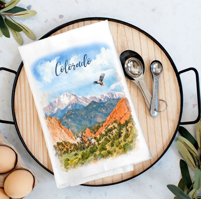 Colorado Mountain Scene Big Horn Sheep Tea Towel
