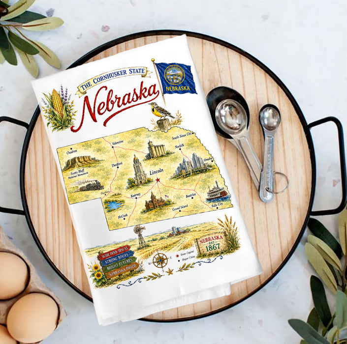 Nebraska State Map Landmark Tea Towel
