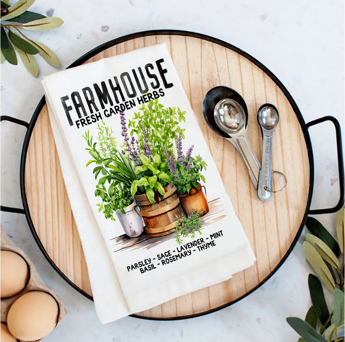 Farmhouse Fresh Herbs Basil, Thyme Tea Towel