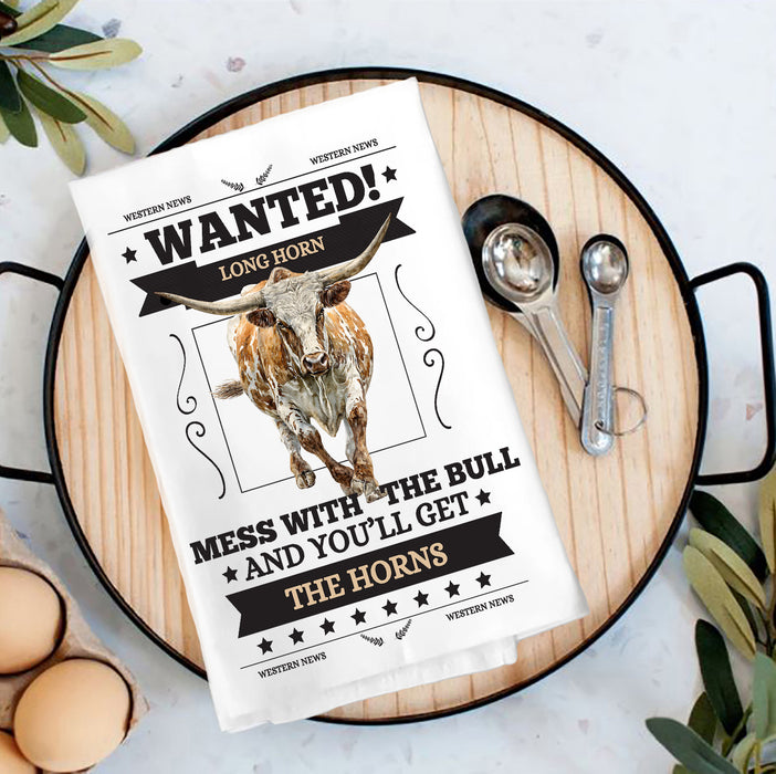 Wanted Texas Longhorn Cow Tea Towel