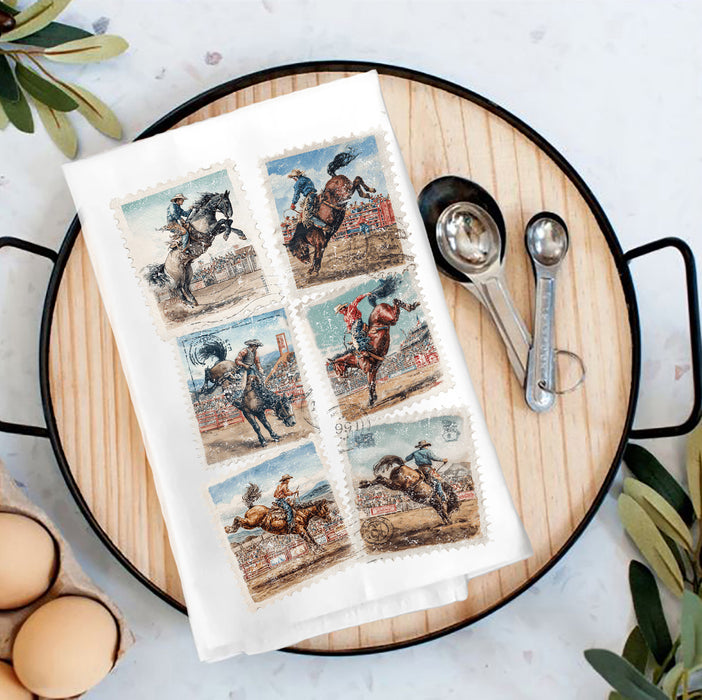 Vintage Stamps Cowboy Horses Rodeo Tea Towel