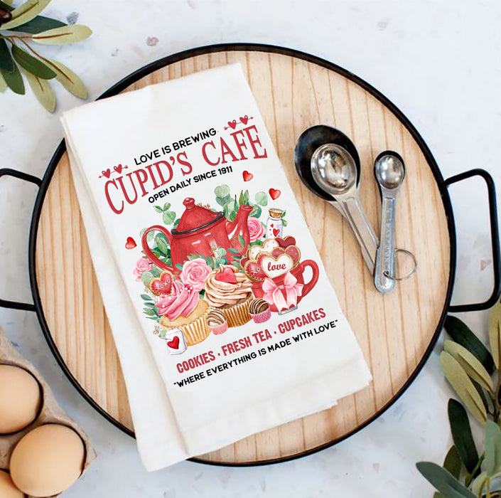Valentine Cupid's Cafe Cupcakes Flour Sack Tea Towel