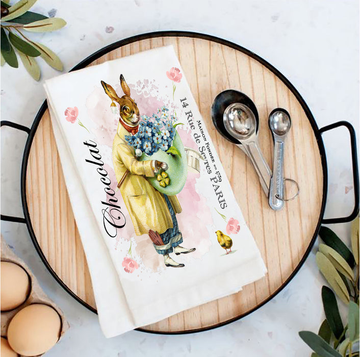 Vintage French Easter Bunny Chocolate Tea Towel