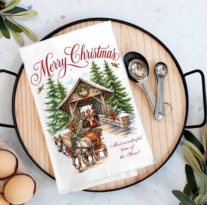 Merry Christmas Cover Bridge Horse Carriage Flour Sack Tea Towel