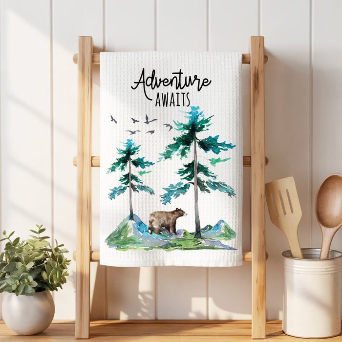 Adventure Awaits Camping Mountains Waffle Weave Towel