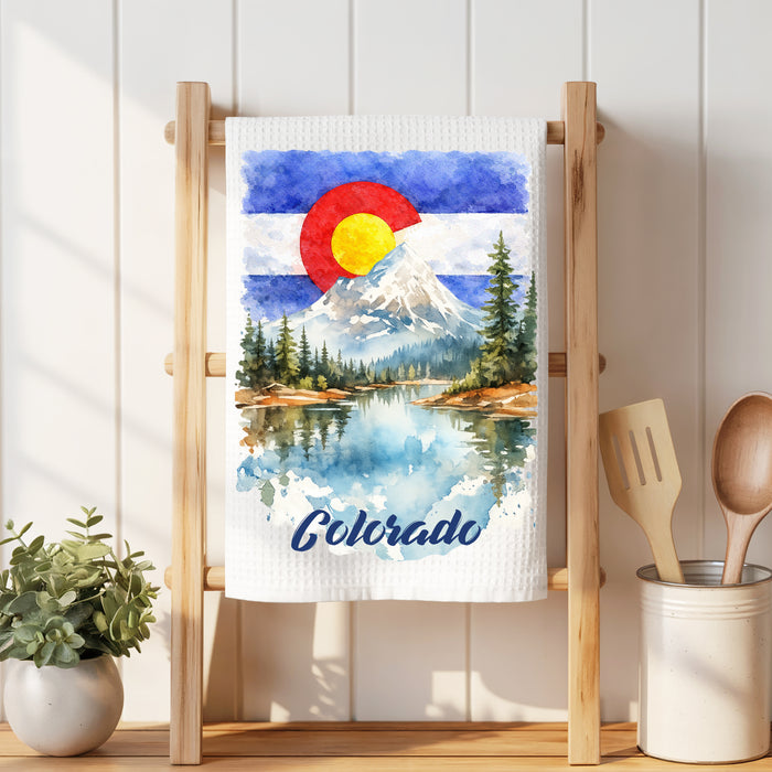 Colorado Mountain Scene State Flag Waffle Weave Towel