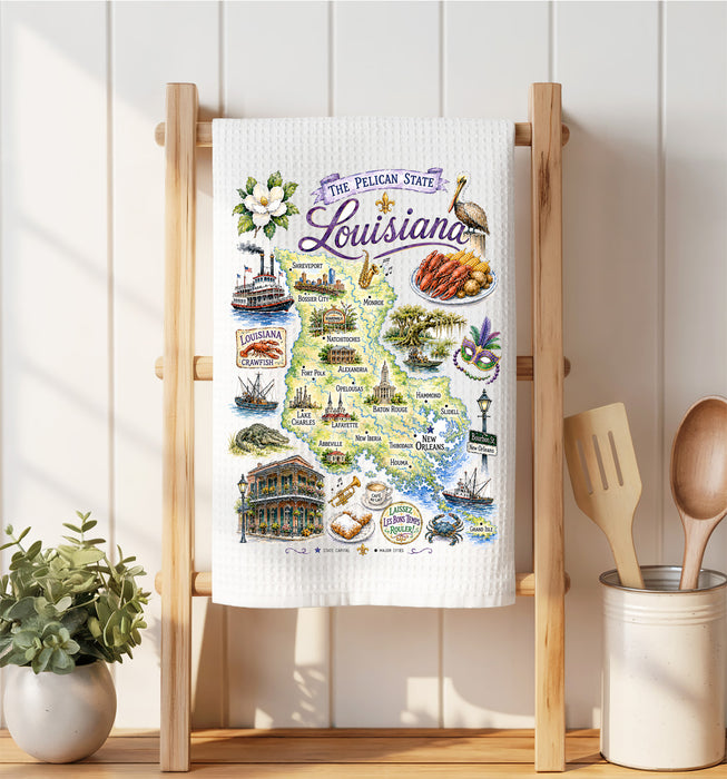 Louisiana State Map Souvenir Waffle Weave Towel