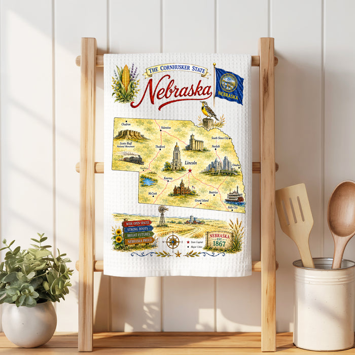 Nebraska State Map Landmark Waffle Weave Towel