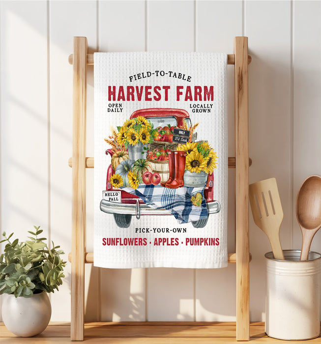 Autumn Fall Harvest Farms red Truck Waffle Weave Towel