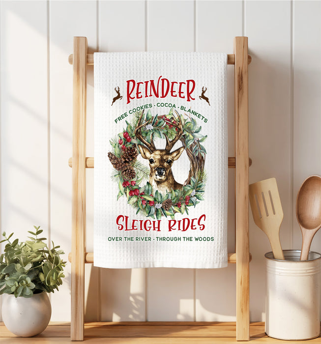 Christmas Reindeer Sleigh Rides Waffle Weave Towel