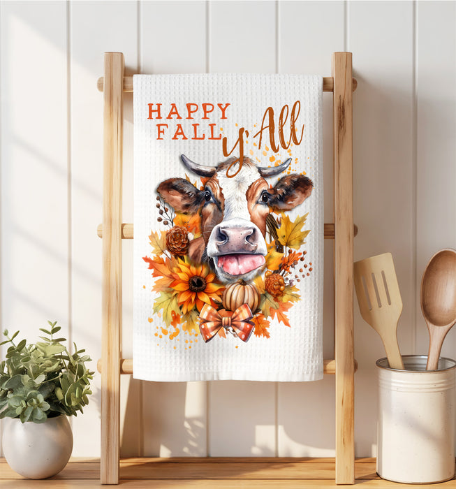Autumn Happy F'all Cow Waffle Weave Towel