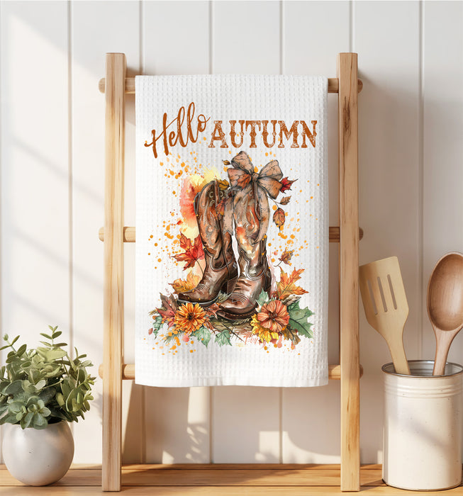 Hello Autumn Fall Cowboy Boots Waffle Weave Towel